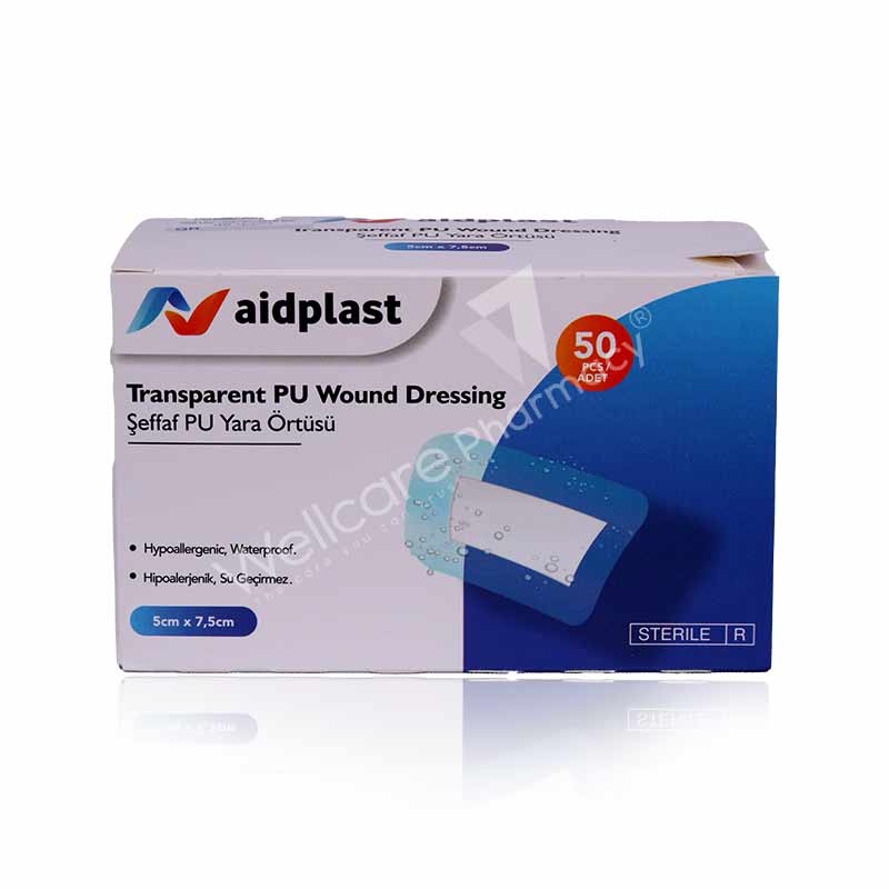 Aidplast Sterile Transparent Wound Dressing Plaster 5Cmx7.5Cm 50'S V6107p