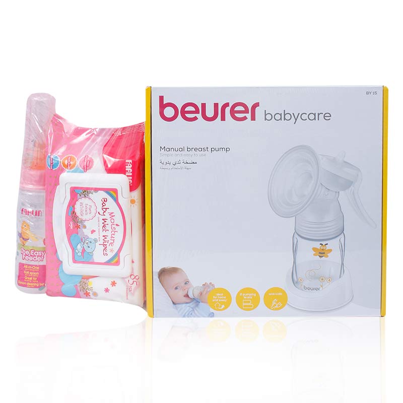 Beurer By15 Manual Breast Pump+Farlin Baby Wipes Anti-Rash 85'S+Easy Feeder With Cover