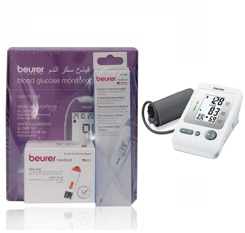 Beurer Gl44 Glucose Monitor+gl50 Strips 50'S+ft09 Thermometer+bm 26 Bp Monitor