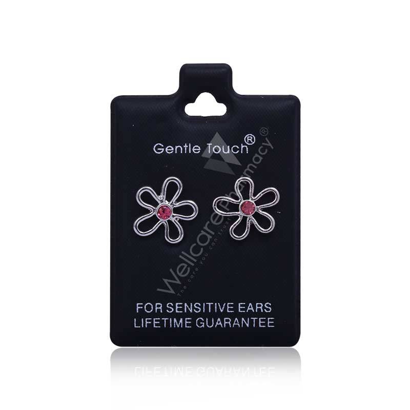 Earsense Gt89 Silver Open Wire Flower Studs With Pink Insert