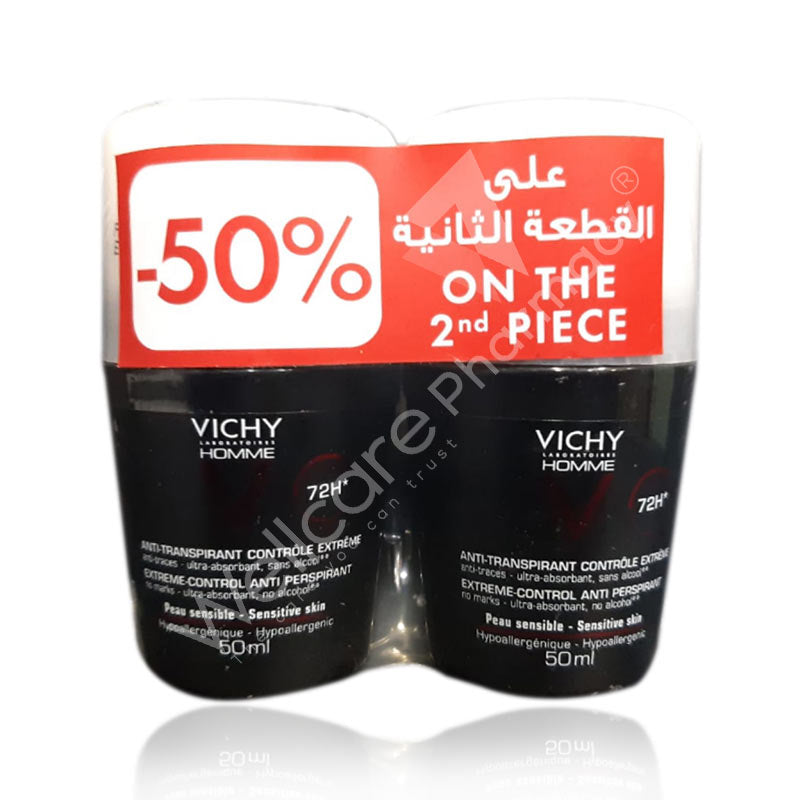 Vichy Deo Roll On Anti-Perspirant Homme Extreme Control 72h 50ml 2pcs - Wellcare Pharmacy