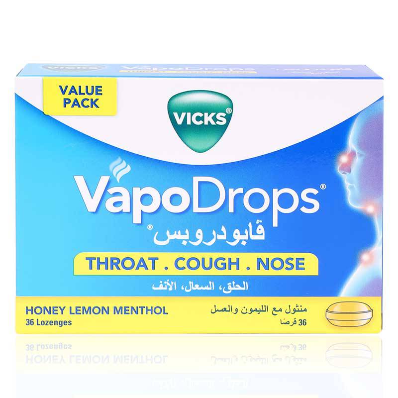 Vicks Vapodrops Honey Lemon Menthol Lozenges 36'S