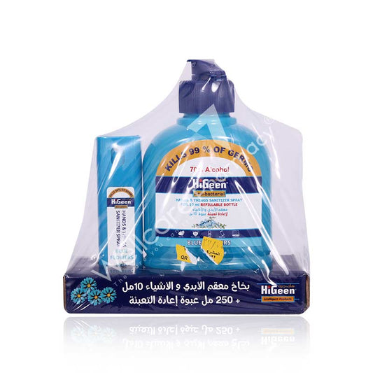 Higeen Hand & Things Sanitizer Spray Refillable Bottile Blue Flowers 250Ml