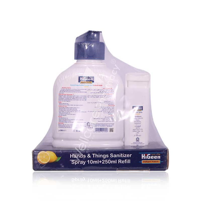 Higeen Hand & Things Sanitizer Spray Refillable Bottle Lemon 250Ml