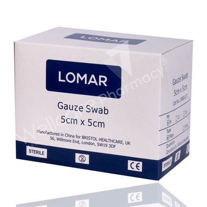 LOMAR STERILE GAUZE SWABS 5X5CM 8PLY 50'S
