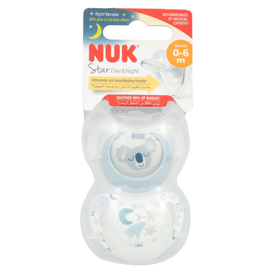 NUK STAR DAY & NIGHT SILICONE PACIFIER 0-6M 2'S