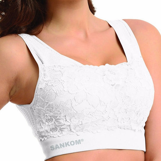 SANKOM BLACK BRA PATENT CLASSIC VEST WITH LACE MEDIUM AND LARGE
