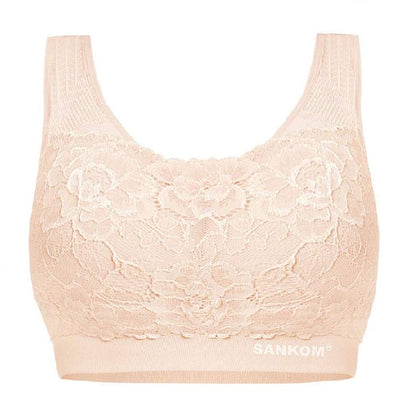 SANKOM LIGHT PINK PATENT CLASSIC BRA WITH LACE MEDIUM AND LARGE